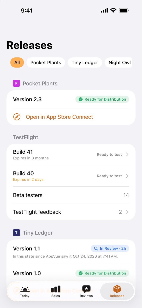 AppVue's Releases screen: version status pills, TestFlight builds with expiry dates, testers and feedback.